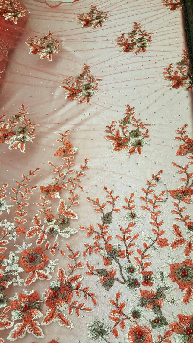 Embroidered Floral Lace Mesh Coral