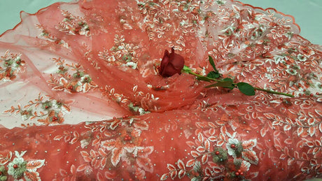 Embroidered Floral Lace Mesh Coral