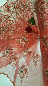 Embroidered Floral Lace Mesh Coral