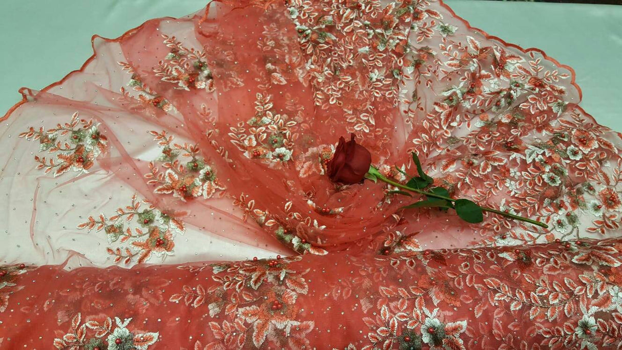 Embroidered Floral Lace Mesh Coral