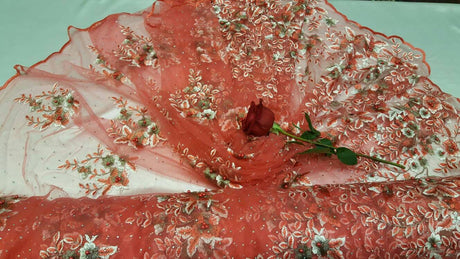 Embroidered Floral Lace Mesh Coral
