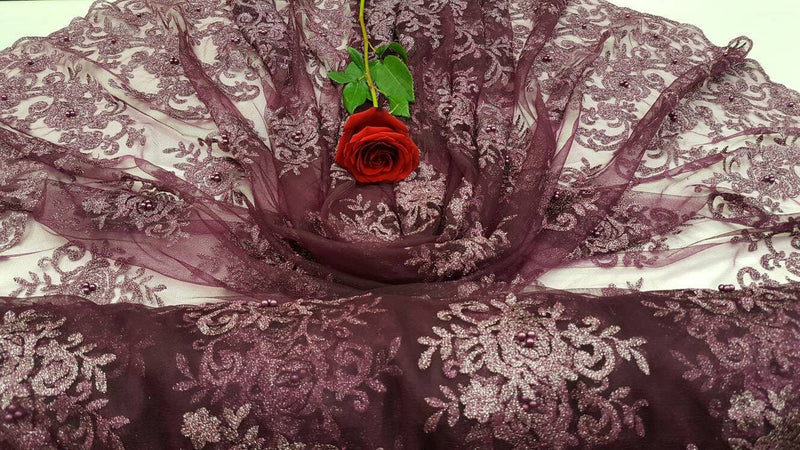 Embroidered Lace on Mesh Eggplant
