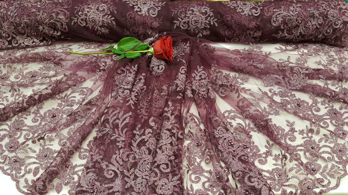 Embroidered Lace on Mesh Eggplant