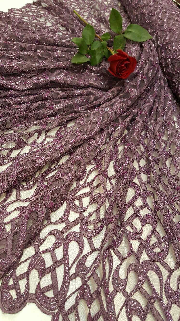 Beaded Lace Geometric Embroidered Mesh Mauve
