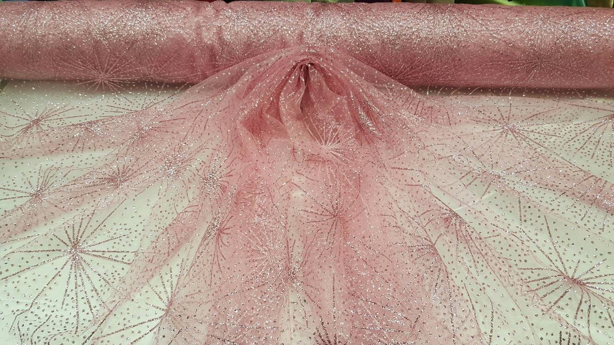 Pink Glitter Lace Stars Fabric