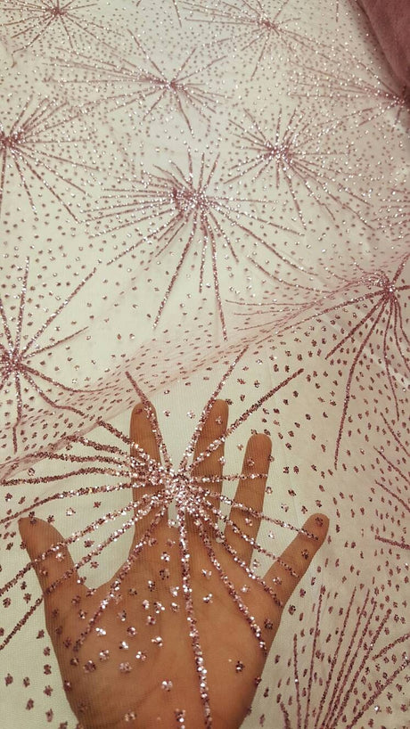 Pink Glitter Lace Stars Fabric