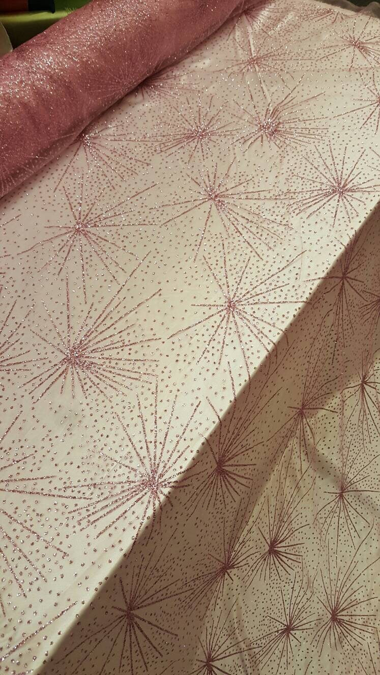Pink Glitter Lace Stars Fabric