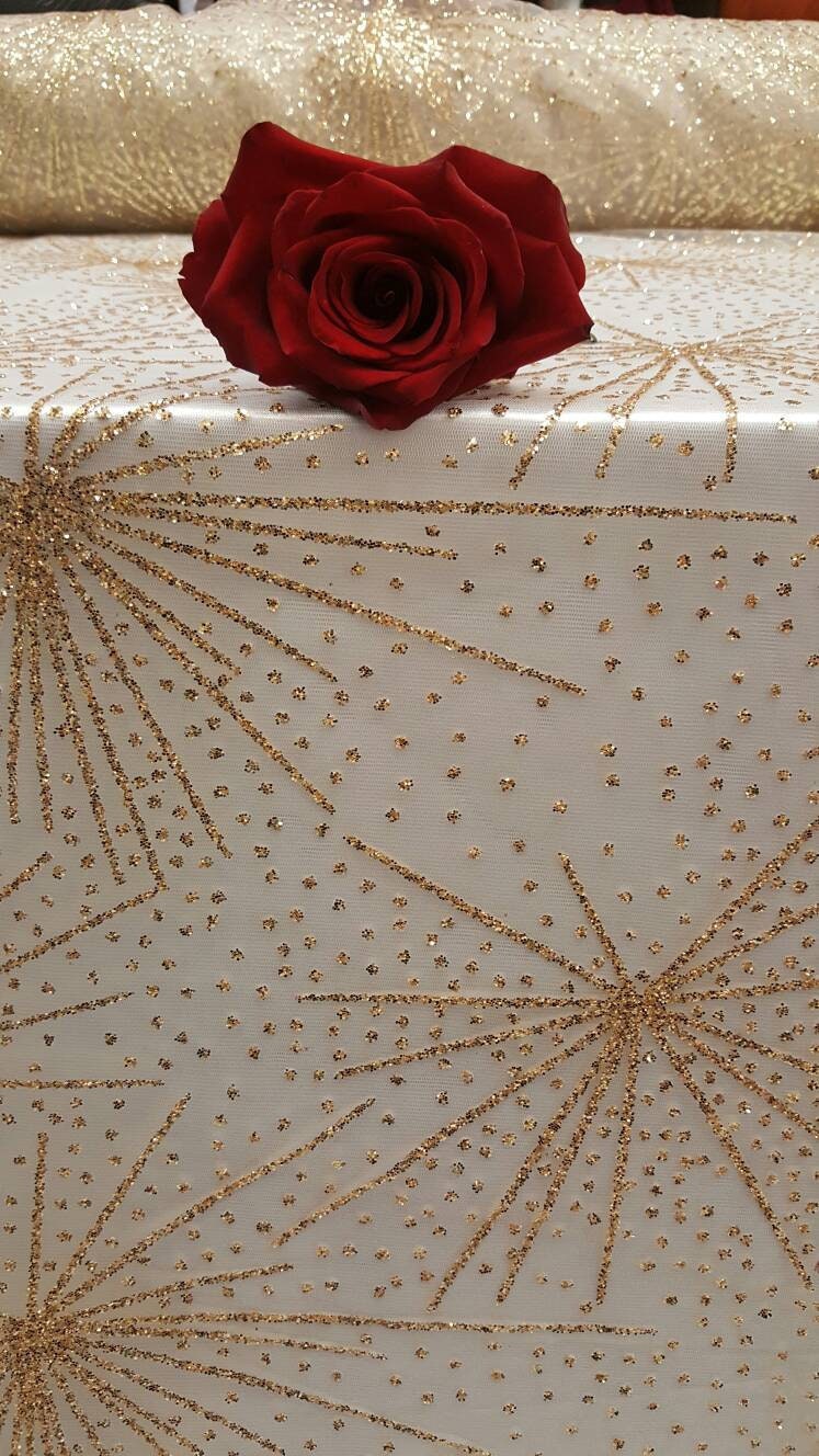 Gold Glitter Lace Stars Fabric
