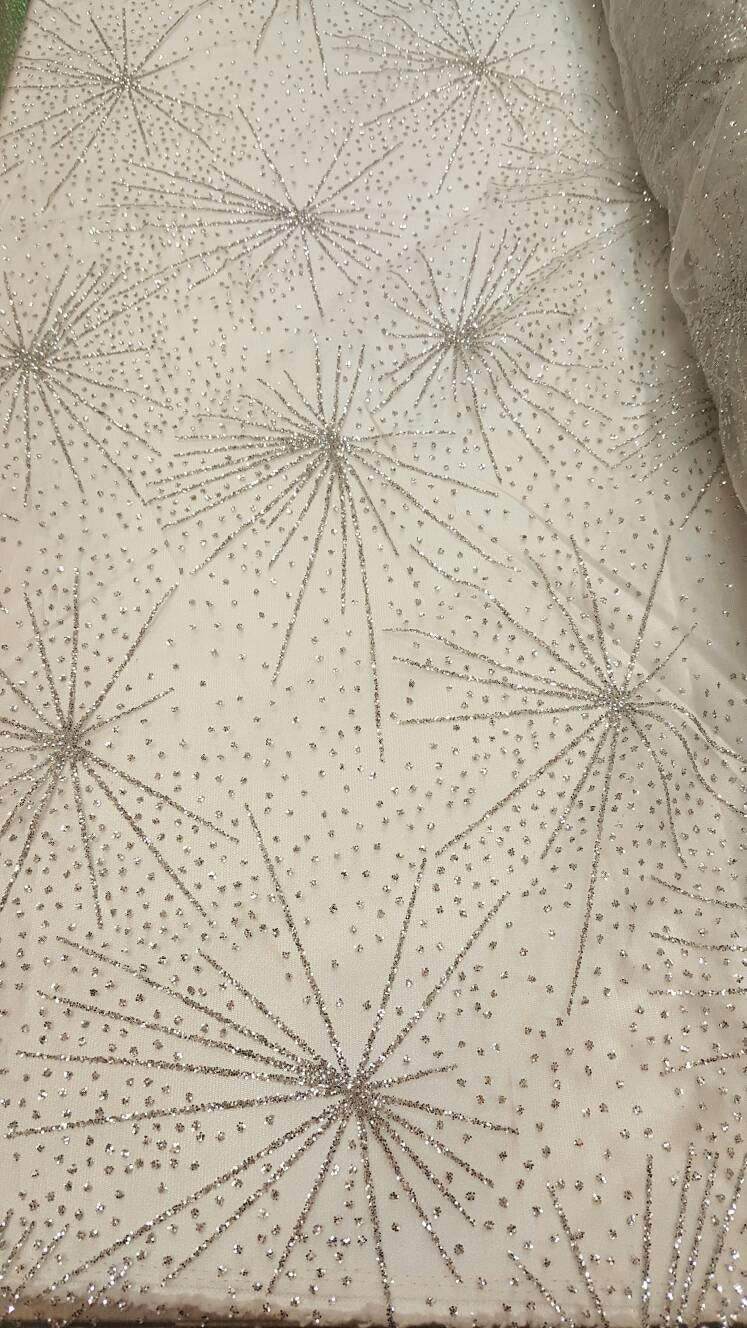 Glitter Lace Stars Silver Mesh
