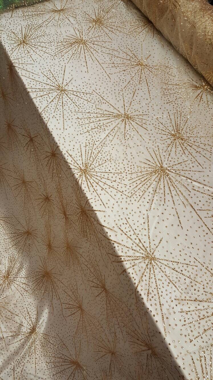 Gold Glitter Lace Stars Fabric