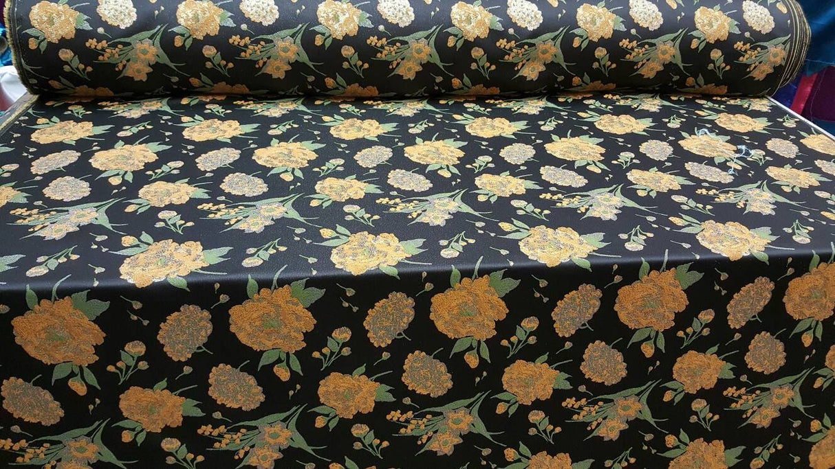 Brocade Jacquard Floral Black Gold Fabric