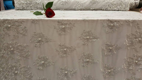 Silver Embroidery Lace with Pearls on Mesh