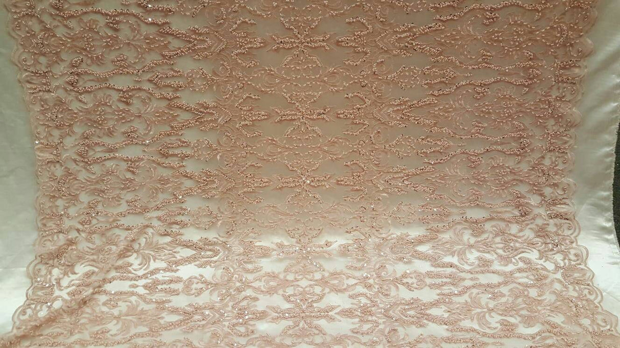 Beaded Lace Fabric Dusty Rose Damask