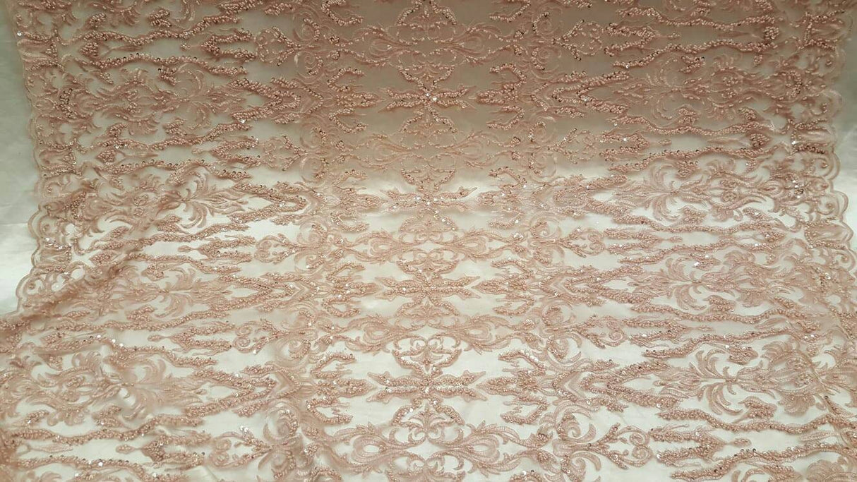 Beaded Lace Fabric Dusty Rose Damask
