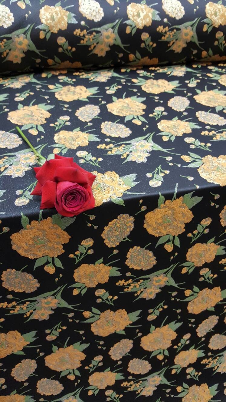 Brocade Jacquard Floral Black Gold Fabric