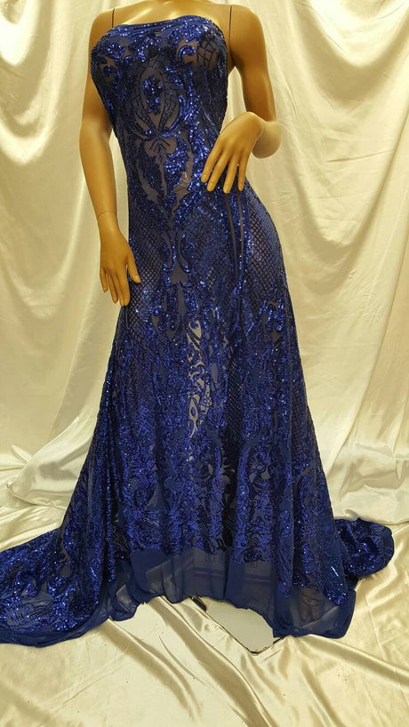 Sequin Lace on Stretch Mesh Royal Blue