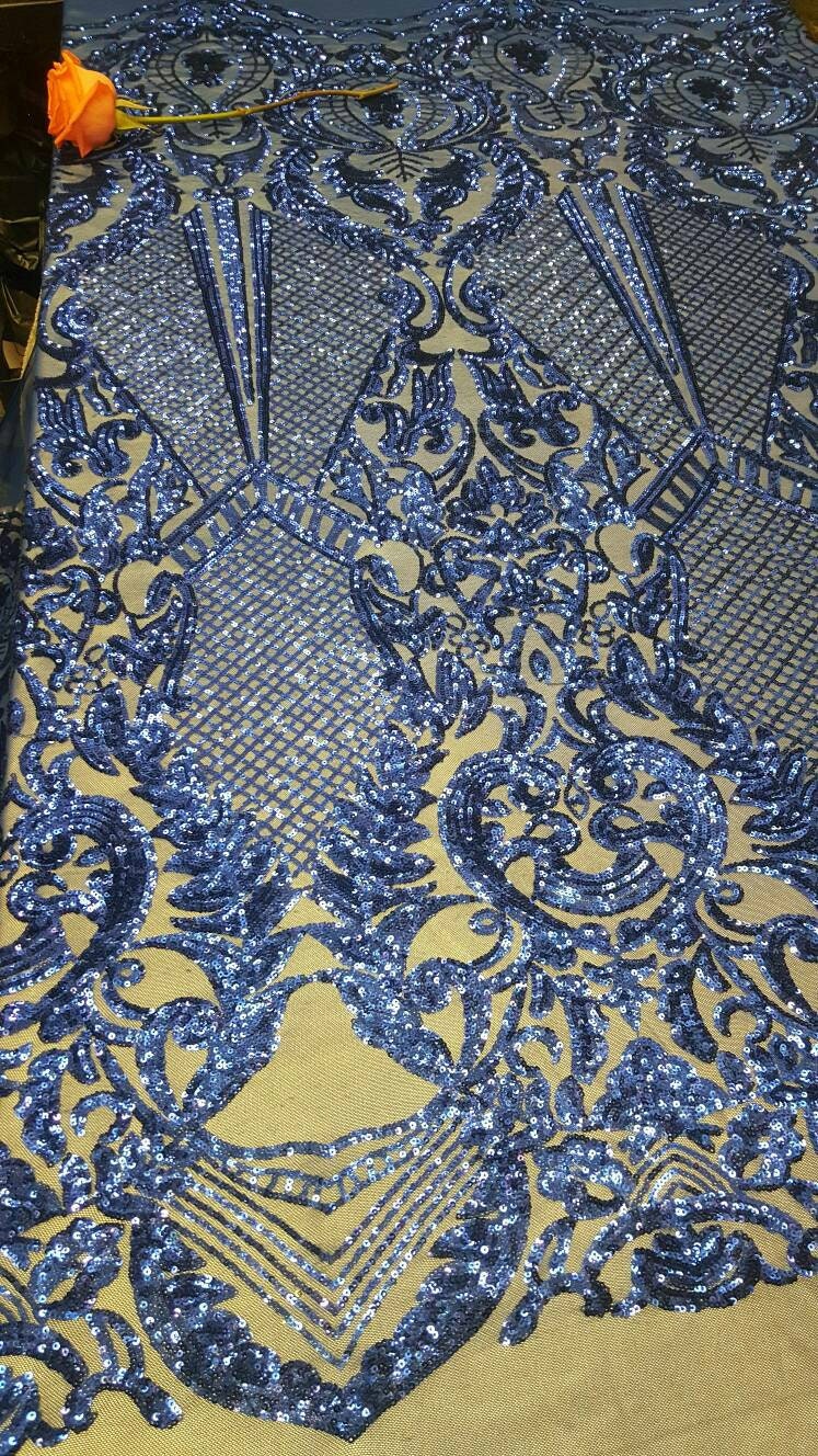 Sequin Lace on Stretch Mesh Royal Blue