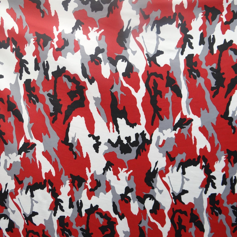Red Camouflage Polyester Spandex Fabric - Red, Gray, Black, And White Camouflage, 58"/60" Width (1 Yard)
