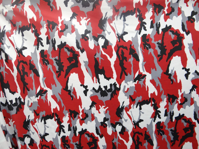 Red Camouflage Polyester Spandex Fabric - Red, Gray, Black, And White Camouflage, 58"/60" Width (1 Yard)