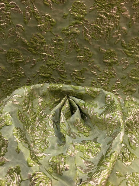 Brocade Jacquard Fabric Lime Green Gold Metallic Floral