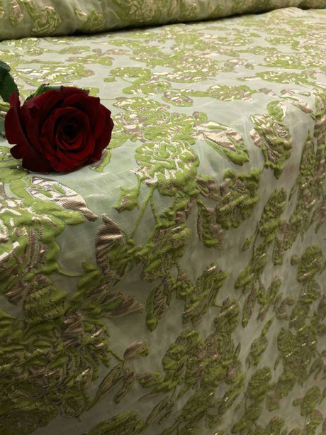 Brocade Jacquard Fabric Lime Green Gold Metallic Floral