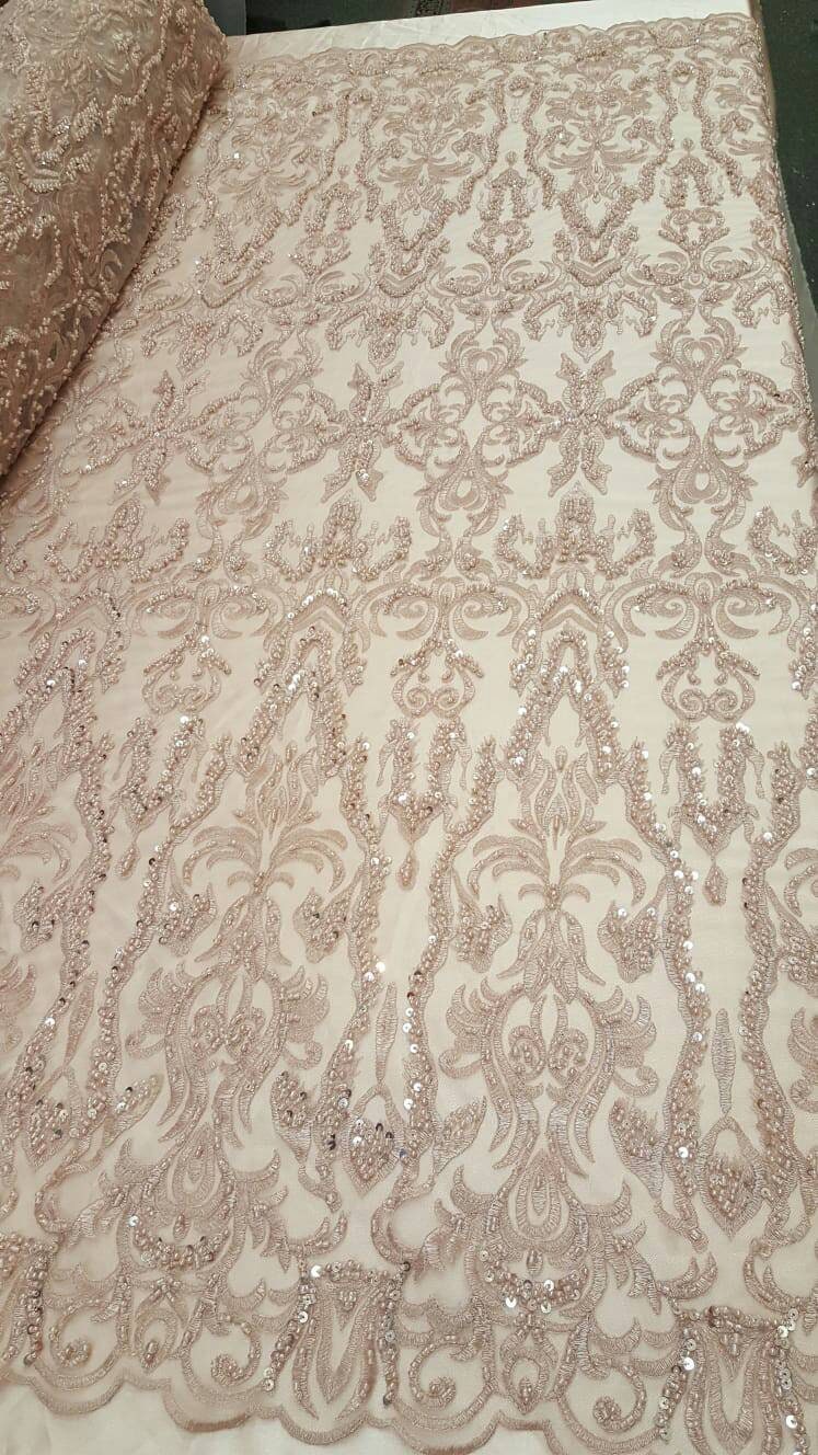 Beaded Lace Fabric Dusty Rose Damask