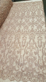 Beaded Lace Fabric Dusty Rose Damask
