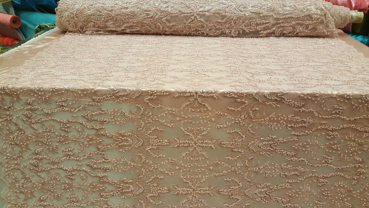 Beaded Lace Fabric Dusty Rose Damask