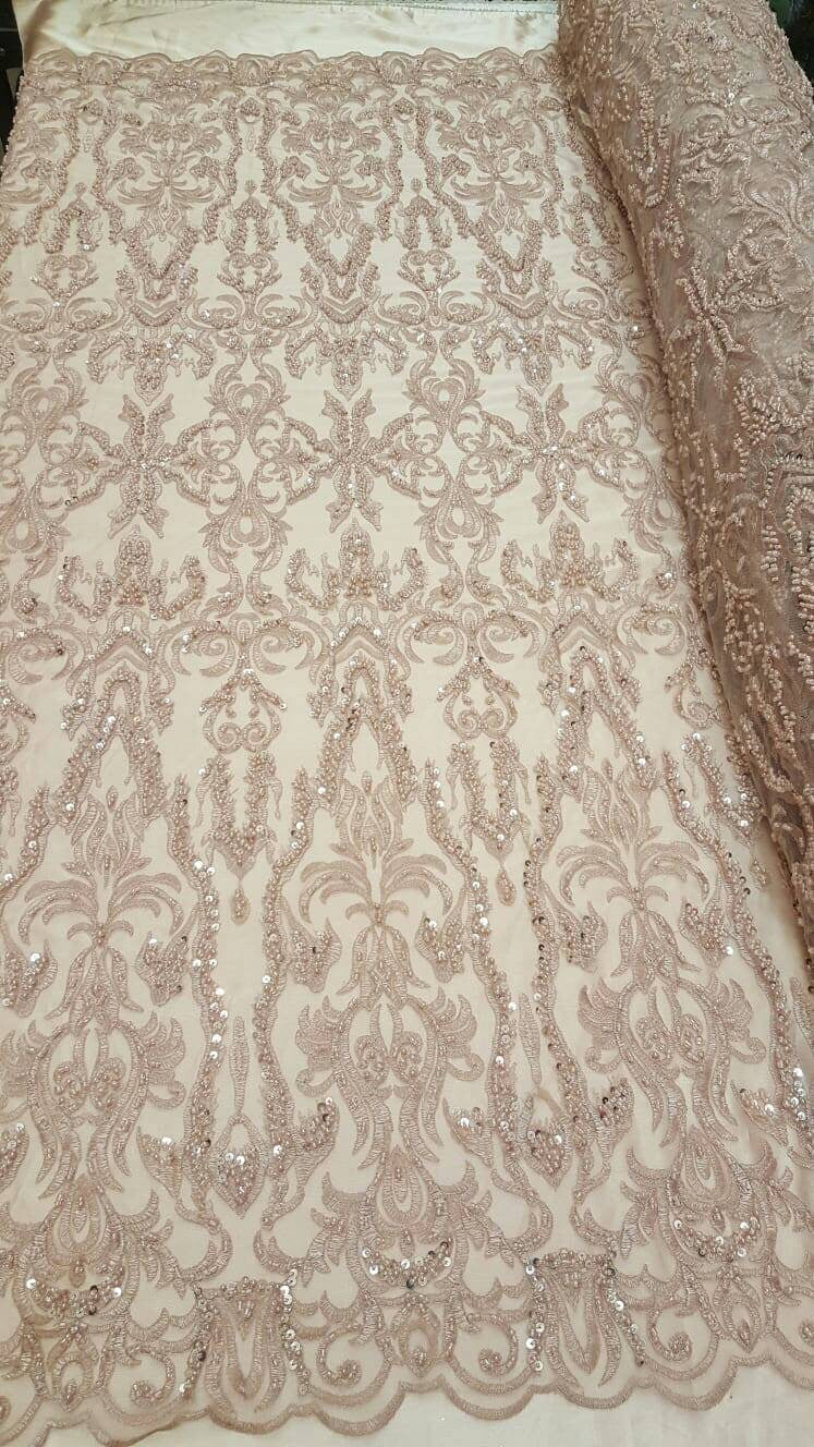 Beaded Lace Fabric Dusty Rose Damask