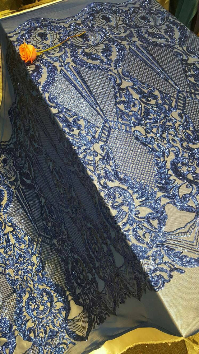 Sequin Lace on Stretch Mesh Royal Blue