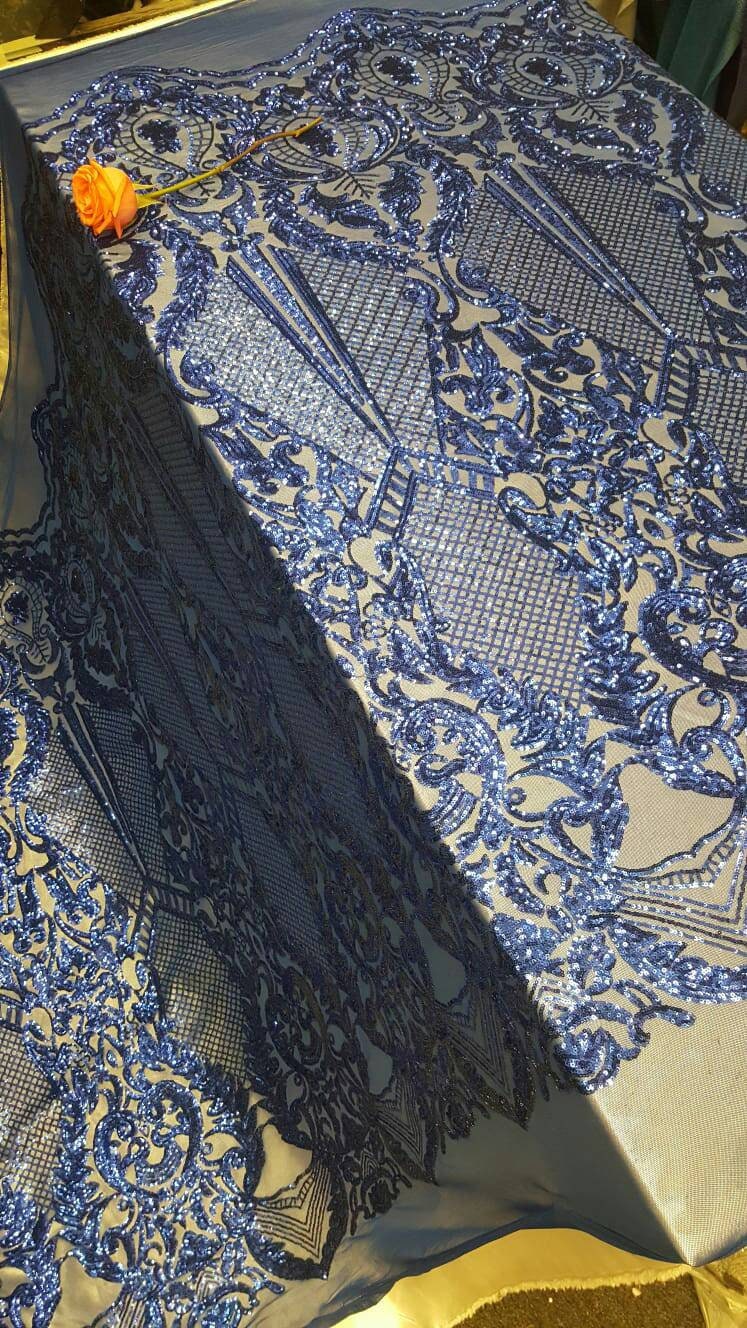 Sequin Lace on Stretch Mesh Royal Blue