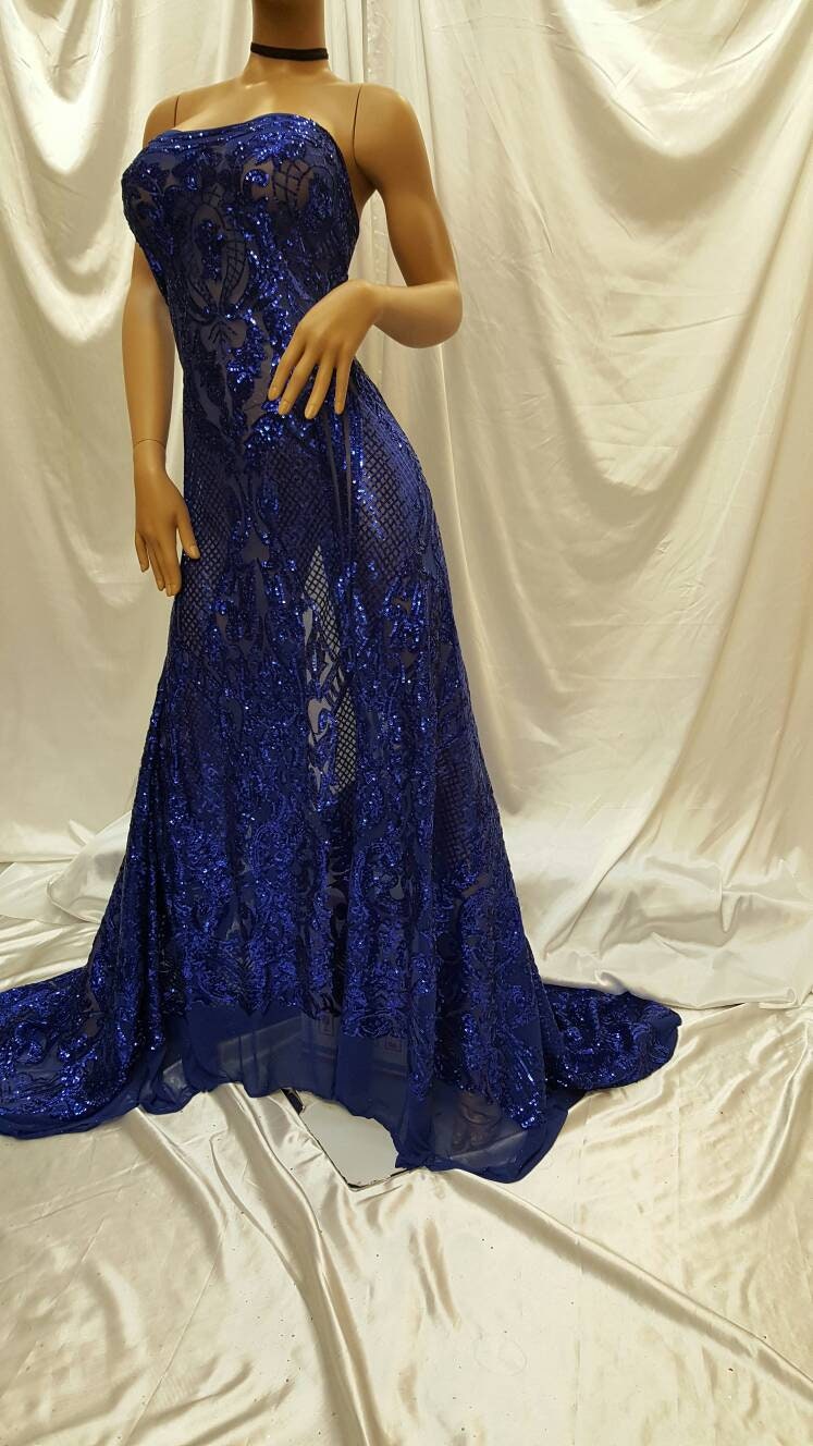 Sequin Lace on Stretch Mesh Royal Blue