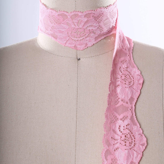Stretch Lace Trim Carnation Pink Floral Scallops