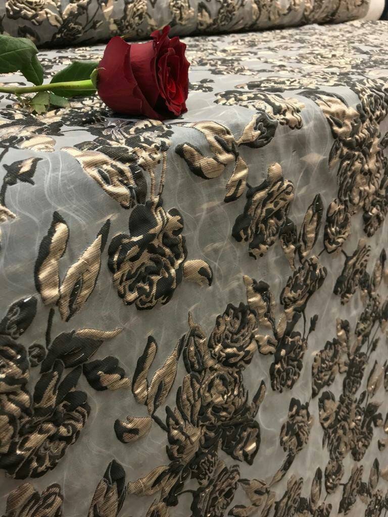 Brocade Jacquard Floral Metallic Gold and Black on Off White