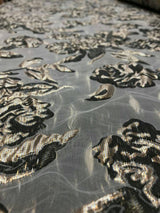 Brocade Jacquard Floral Metallic Gold and Black on Off White