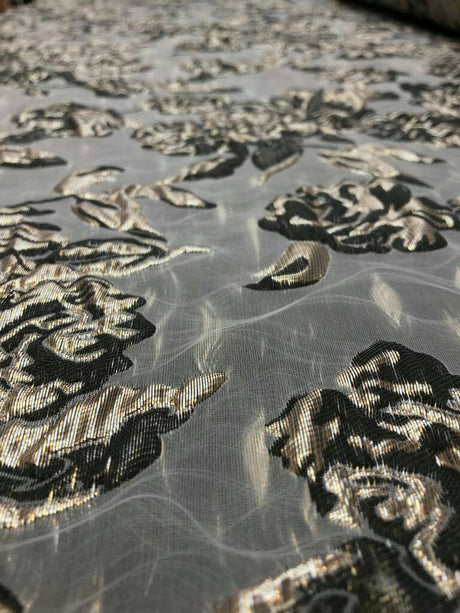 Brocade Jacquard Floral Metallic Gold and Black on Off White