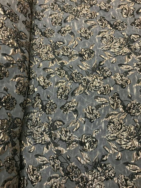 Brocade Jacquard Floral Metallic Gold and Black on Off White