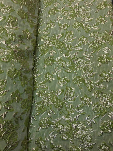 Brocade Jacquard Fabric Lime Green Gold Metallic Floral
