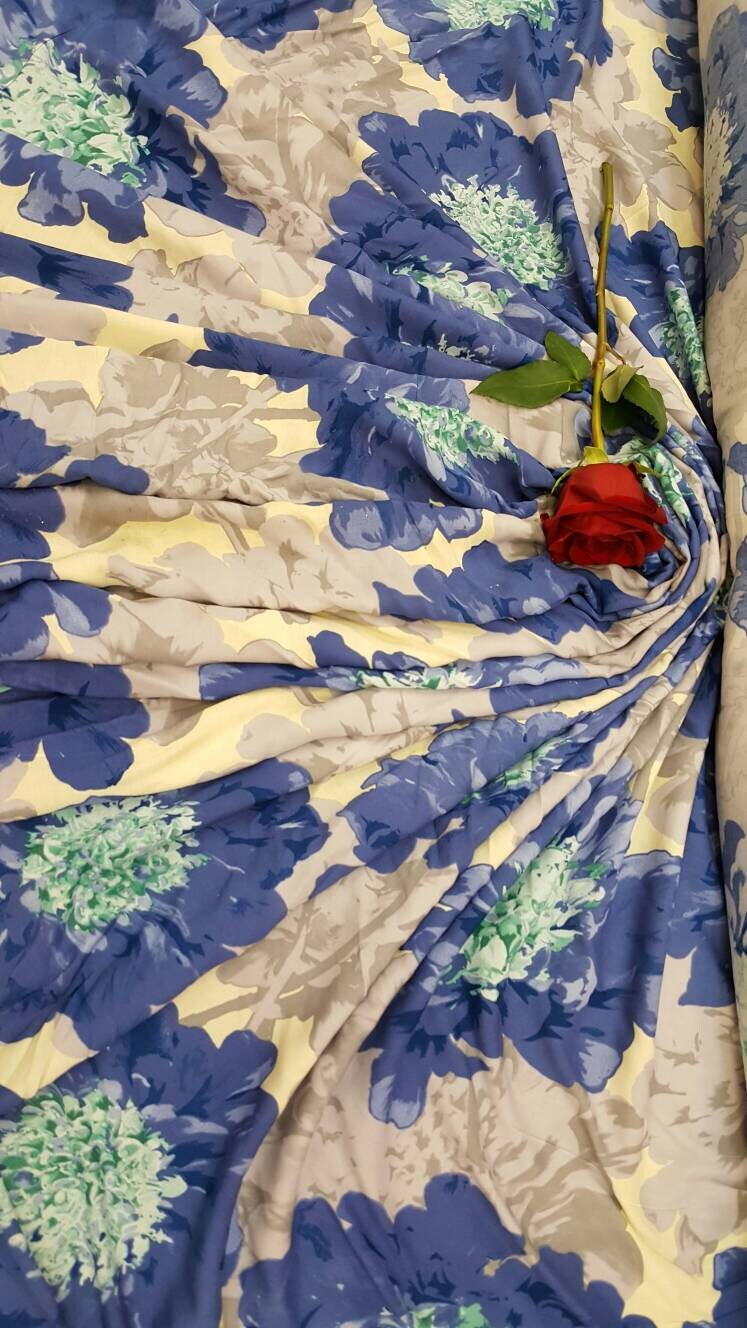 Rayon Challis Blue Mint Floral Fabric