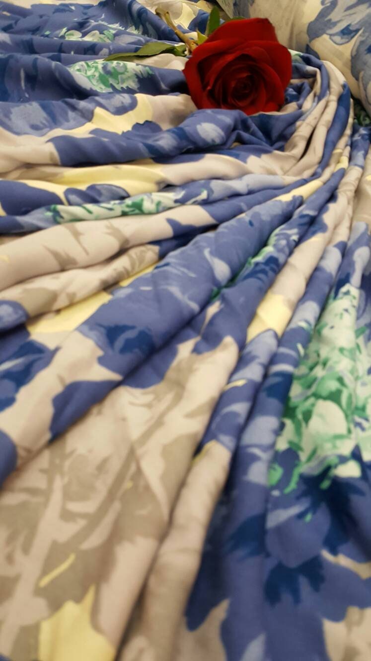 Rayon Challis Blue Mint Floral Fabric