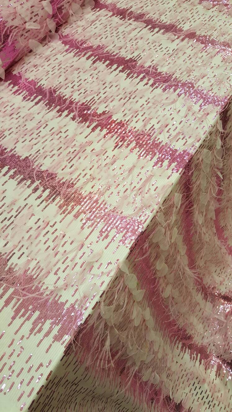 Fuchsia Lace Sequin Embroidered Pink Mesh Fabric