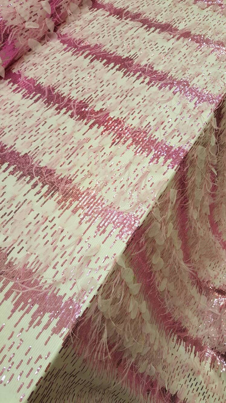 Fuchsia Lace Sequin Embroidered Pink Mesh Fabric