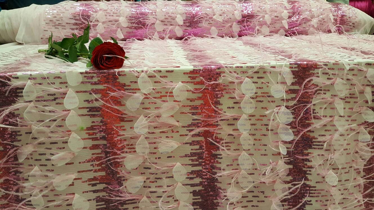 Fuchsia Lace Sequin Embroidered Pink Mesh Fabric