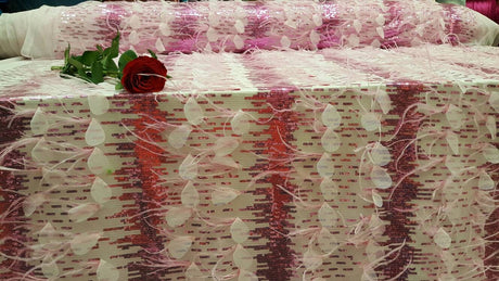 Fuchsia Lace Sequin Embroidered Pink Mesh Fabric