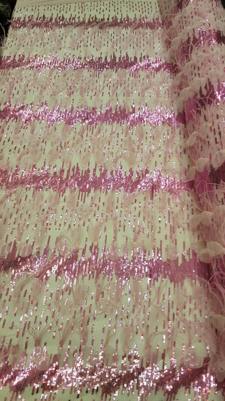 Fuchsia Lace Sequin Embroidered Pink Mesh Fabric