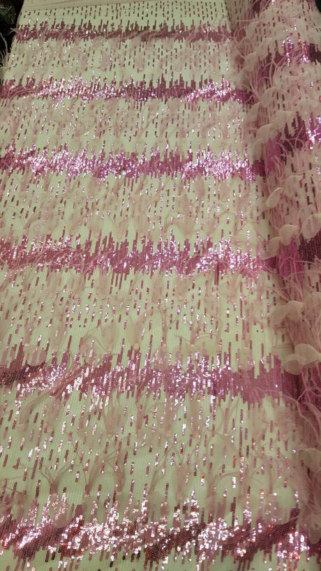 Fuchsia Lace Sequin Embroidered Pink Mesh Fabric