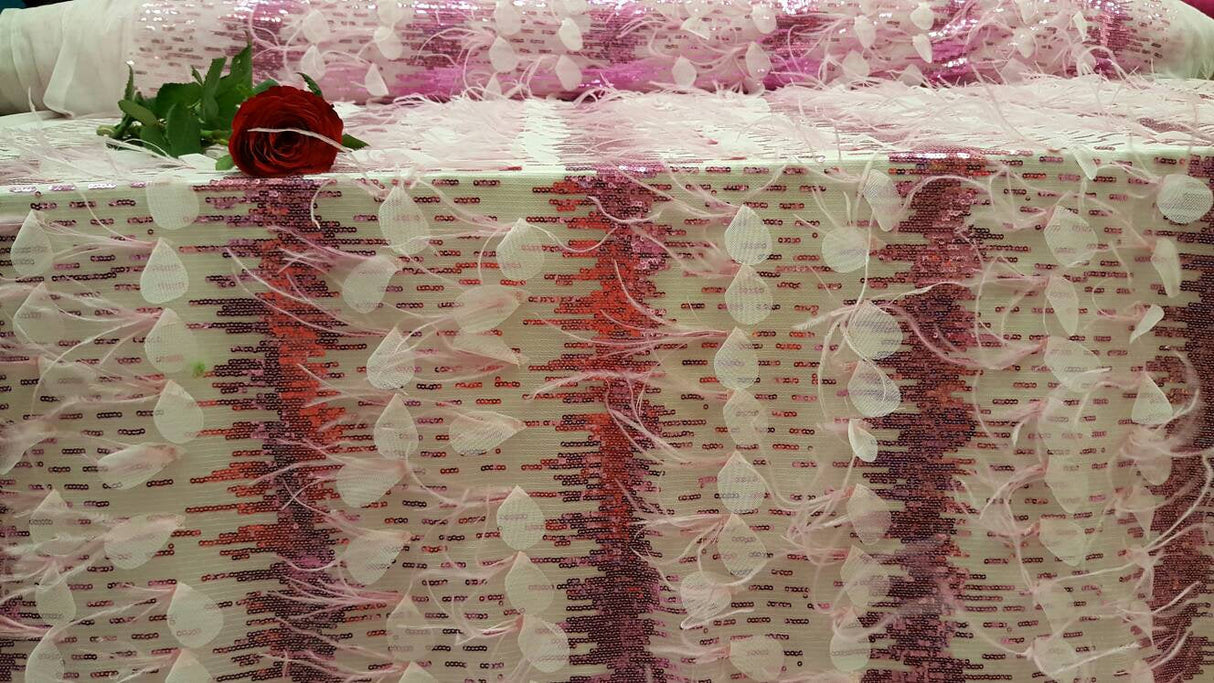 Fuchsia Lace Sequin Embroidered Pink Mesh Fabric