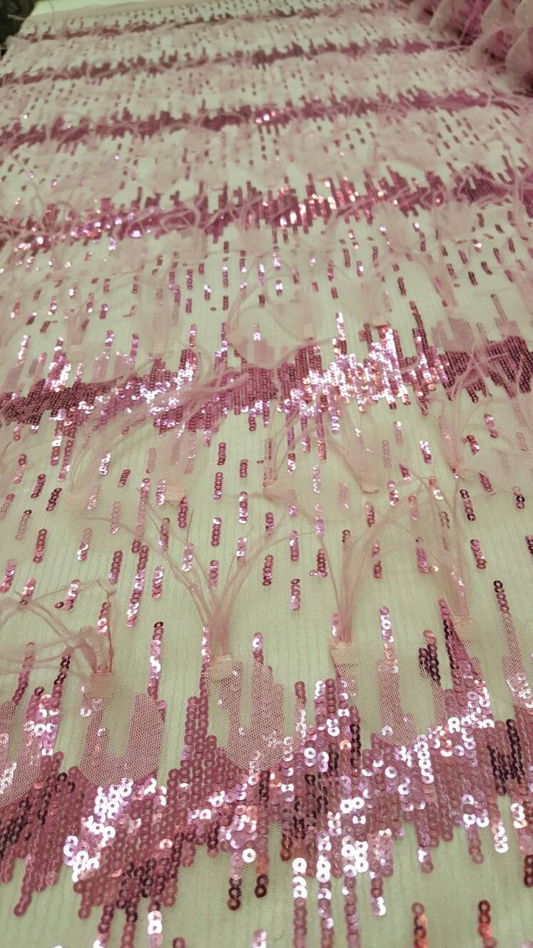 Fuchsia Lace Sequin Embroidered Pink Mesh Fabric