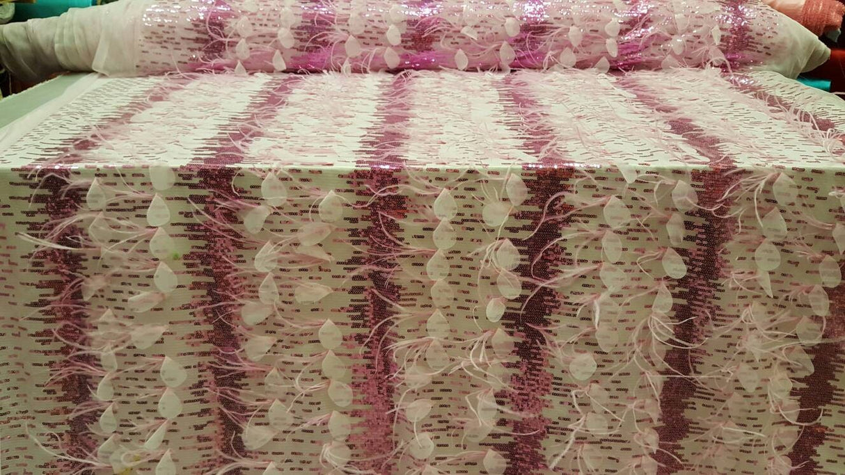 Fuchsia Lace Sequin Embroidered Pink Mesh Fabric
