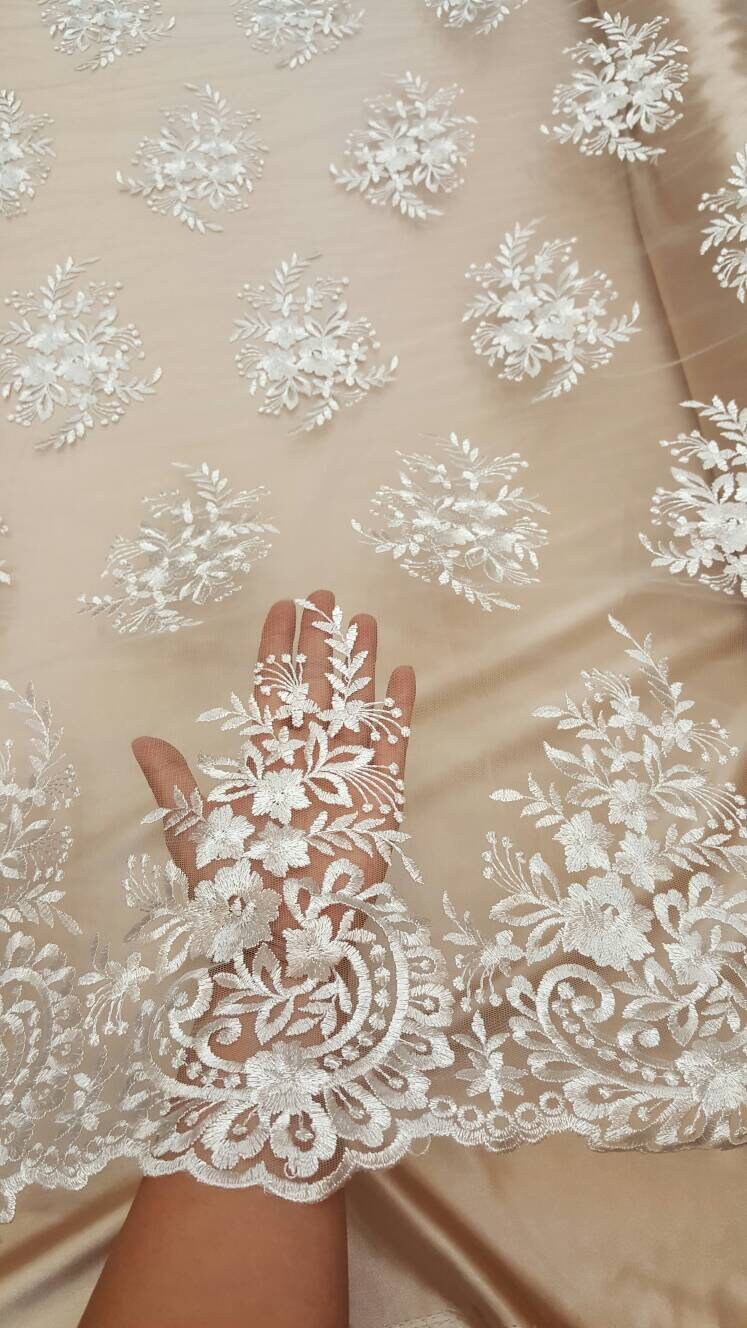 Embroidered Lace Floral Flowers on Mesh Off White